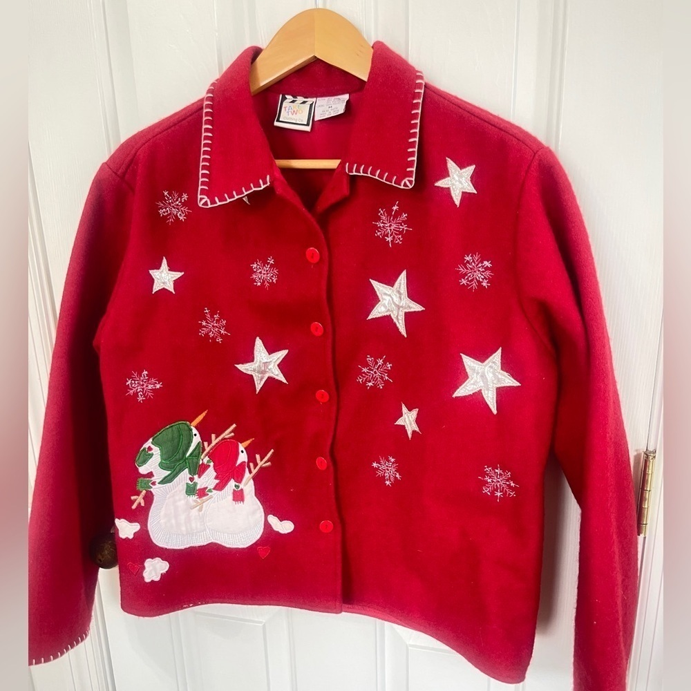 Take Two VTG Size Med Snowman Jacket Shacket Red Christmas Wool Blend Red